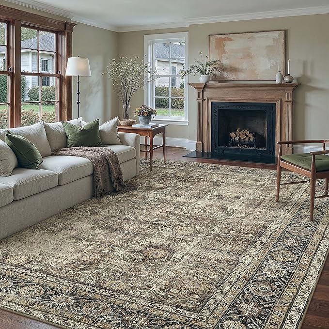 Vintage Area Rug 10x12 Brown Washable Living Room Large Carpet Non Slip Bedroom Indoor Office Low Pile Traditional Distressed Retro Accent Rug for Dining Room