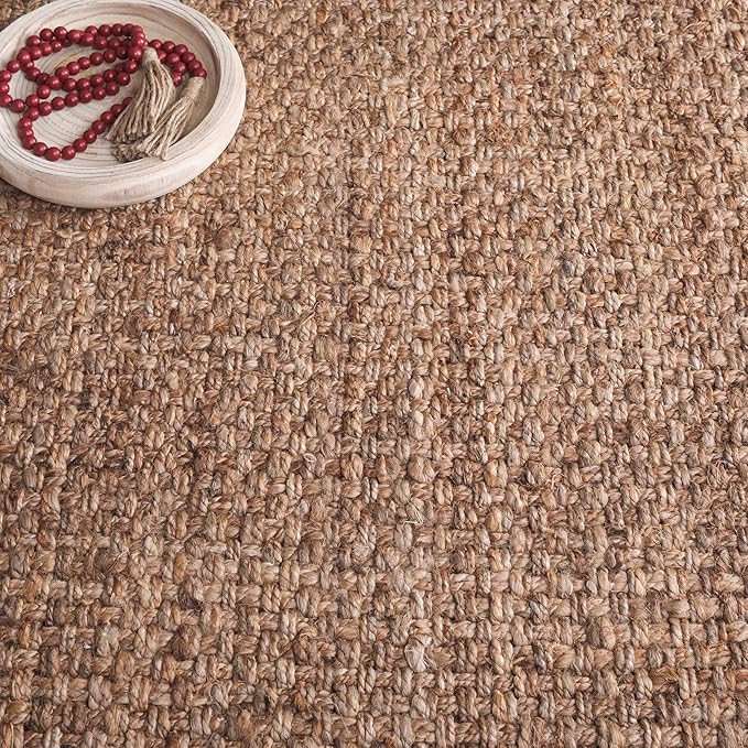 SAFAVIEH Natural Fiber Collection Area Rug - 4' Square, Natural, Handmade Tassel Jute, Ideal for High Traffic Areas in Living Room, Bedroom (NF467A)