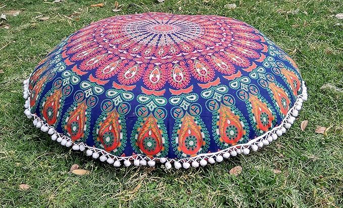 INDIAN CRAFT CASTLE ICC 32 Inch Floor Pillows & Cushion Covers Decorative Hippie Mandala Pouf Pillow Covers Seating Meditation Cushion Cover Bohemian Large Boho Ottoman Case Pillowcase Couch Round