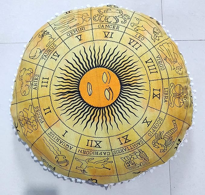 INDIAN CRAFT CASTLE 24" Yellow Zodiac Mandala Barmeri Large Floor Pillow Cover Cushion Meditation Seating Ottoman Throw Cover Hippie Decorative Zipped Bohemian Pouf Ottoman Pom Pom Cases 24" Round