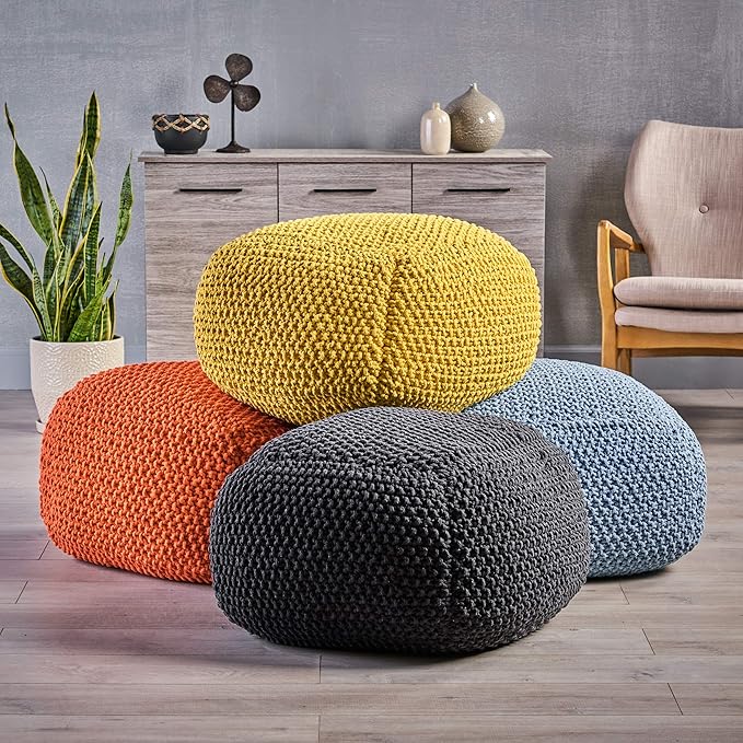 Christopher Knight Home Joyce Knitted Cotton Square Pouf, Dark Grey Small