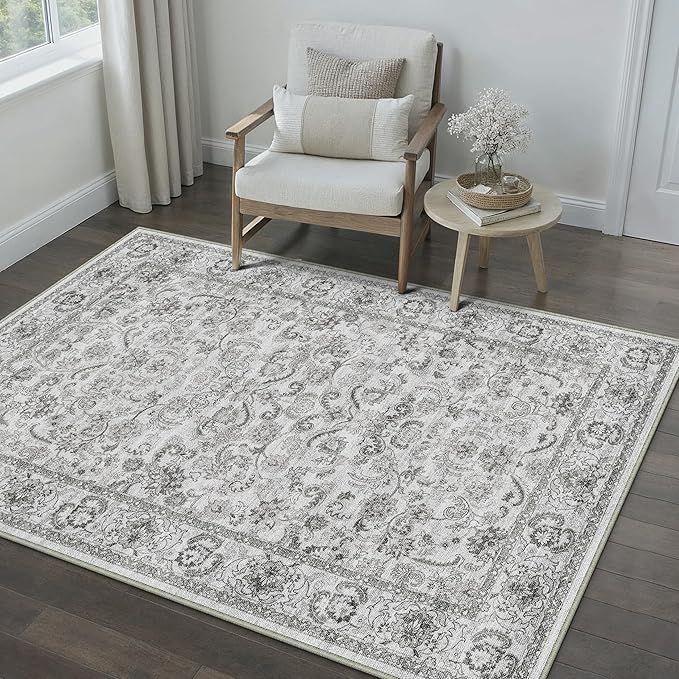 HUGEAR Grey Area Rug 5x7 Machine Washable Living Room Rugs Distressed Neutral Vintage Floral Low Pile Carpet Bedroom Office Dining Room Laundry Room Non Slip Soft Lightweight