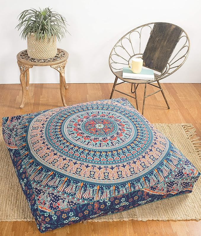 Popular Handicrafts Floor Pillow Cushion Cover - Hippie Mandala Square Ottoman Indian Elephant Camel Daybed Oversized Cotton Cushion Cover with Heavy Duty Zipper - Dog-Pets Bed, 35" Blue Multicolor