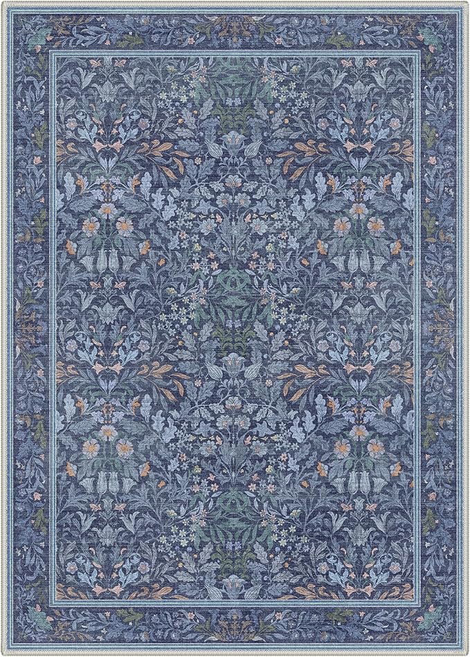 GENIMO Washable Rugs 5x7 for Living Room, Non Slip Vintage Floral Area Rug, Low Pile Lightweight Indoor Rug for Bedroom, Dining Room, Home Office, Blue