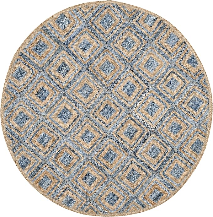SAFAVIEH Cape Cod Collection Area Rug - 6' Round, Natural & Blue, Handmade Flat Weave Diamond Braided Jute & Denim, Ideal for High Traffic Areas in Living Room, Bedroom (CAP354A)