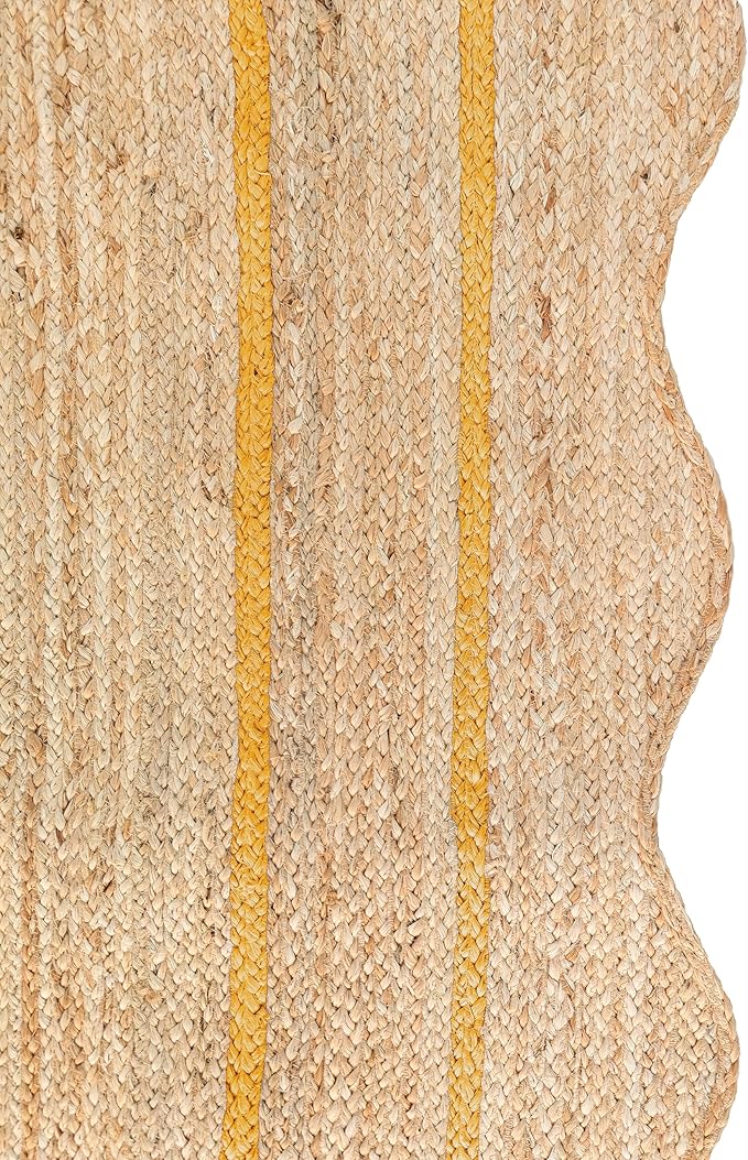 Wave Scalloped Natural Jute Rug Boho Jute Rug Entryway Runner Rug Farmhouse Scallop Rug, Yellow (2'x12')