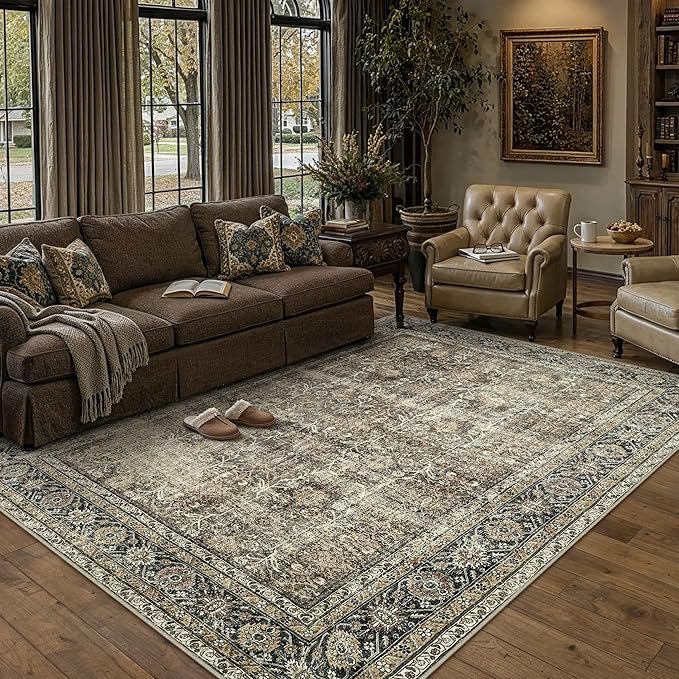 Vintage Area Rug 5x8 Brown Washable Living Room Large Carpet Non Slip Bedroom Indoor Office Low Pile Traditional Distressed Retro Accent Rug for Dining Room Bathroom Kitchen