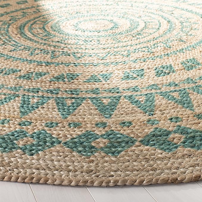 SAFAVIEH Natural Fiber Collection Area Rug - 3' Round, Teal & Natural, Handmade Boho Mandala Braided Jute, Ideal for High Traffic Areas in Living Room, Bedroom (NF802E)