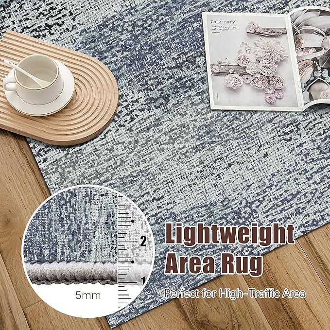 RUGSURE Washable Area Rug - 1/6 Thick - Stain & Water Resistant Non-Slip - Resistant Rug for Living Room, Bedroom, Nursery, Pet & Child Friendly, Vintage Charm Area Rugs (Grey+LightTeal, 2'6'' x 8')
