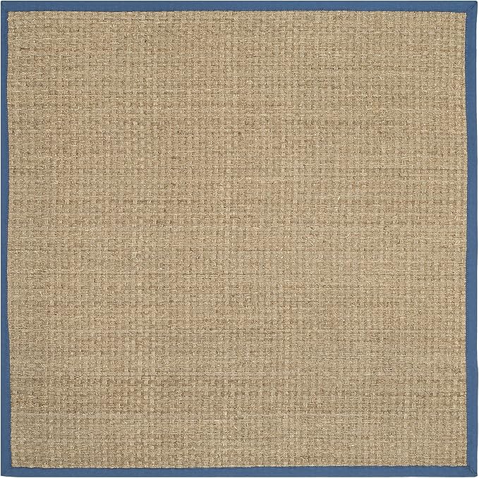SAFAVIEH Area Rug 4' Square - Natural Fiber Collection - Natural & Navy, Seagrass, Basketweave Pattern with Border (NF114T)