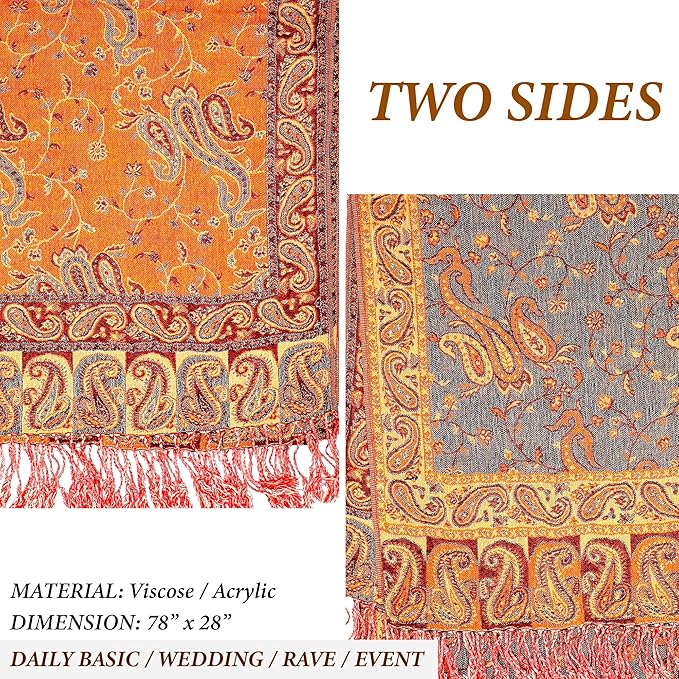 Achillea Reversible Paisley Pashmina Rave Scarf – Exotic Indian Shawls and Wraps for Evening Dresses, Festivals, All Seasons