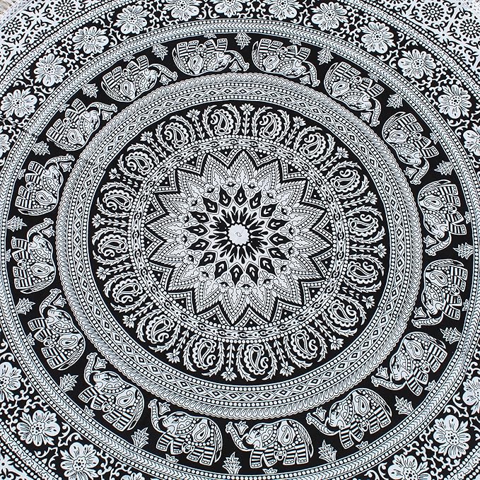 Round Beach Tapestry Turquoise Mandala Throw/Boho Hippie Beach Blanket Roundie/Indian Cotton Bohemian Large Round Table Cloth-Home Decor/Yoga Mat Meditation Picnic Rug (42", Black And WHite)