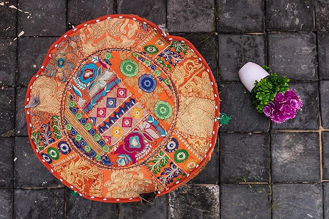 THE ART BOX Cotton Patchwork Vintage Embroidered Pouf Cover – Ottoman Stool Seat Cover, Decorative Floor Cushion for Home Décor (14x22 Inches, Cover Only)