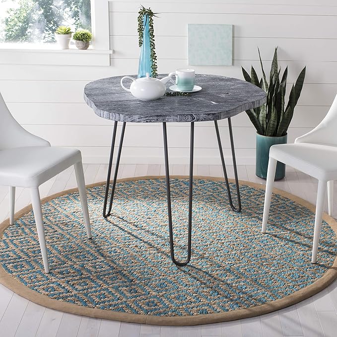 SAFAVIEH Natural Fiber Collection 6' Round Turquoise NF266C Handmade Boho Diamond Tassel Jute Area Rug