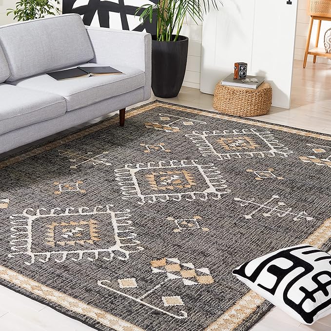 SAFAVIEH Kilim Collection X-Large Area Rug - 12' x 15', Black & Ivory, Handmade Flat Weave Jute, Ideal for High Traffic Areas in Living Room, Bedroom (KLM762Z)