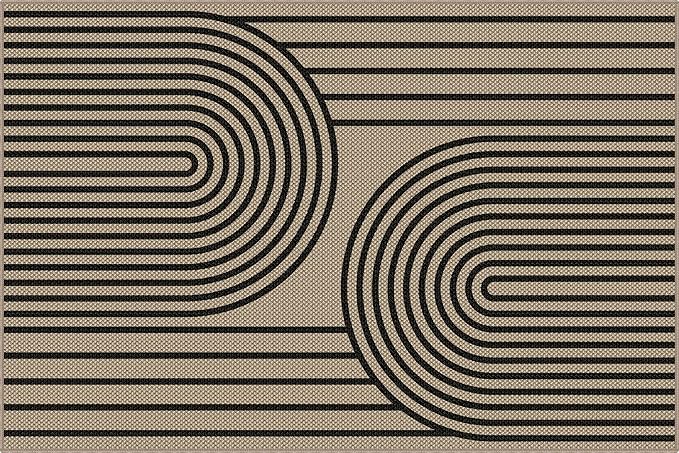Outdoor Rug 4x6, Easy Jute Rug Non-Slip Indoor Outdoor Carpet, Washable Floor Mat Modern Black Striped Area Rug for Living Room, Bedroom, Patio, Dining Room, Office Area, Black