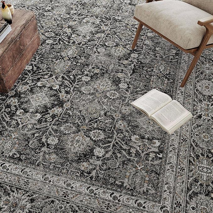 Vintage Area Rug 6x9 Black Washable Living Room Large Carpet Non Slip Bedroom Indoor Office Low Pile Traditional Distressed Retro Accent Rug for Dining Room Kitchen