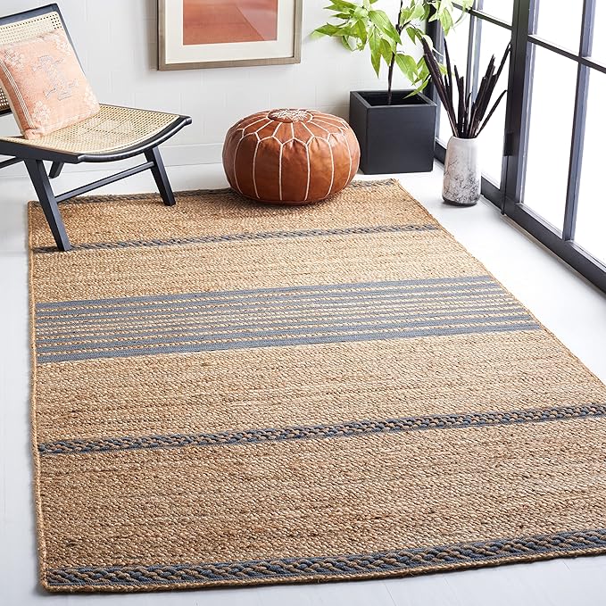 SAFAVIEH Natural Fiber Collection Accent Rug - 4' x 6', Natural & Grey, Handmade Stripe Boho Farmhouse Rustic Braided Jute, Ideal for High Traffic Areas in Entryway, Living Room, Bedroom (NFB262F)
