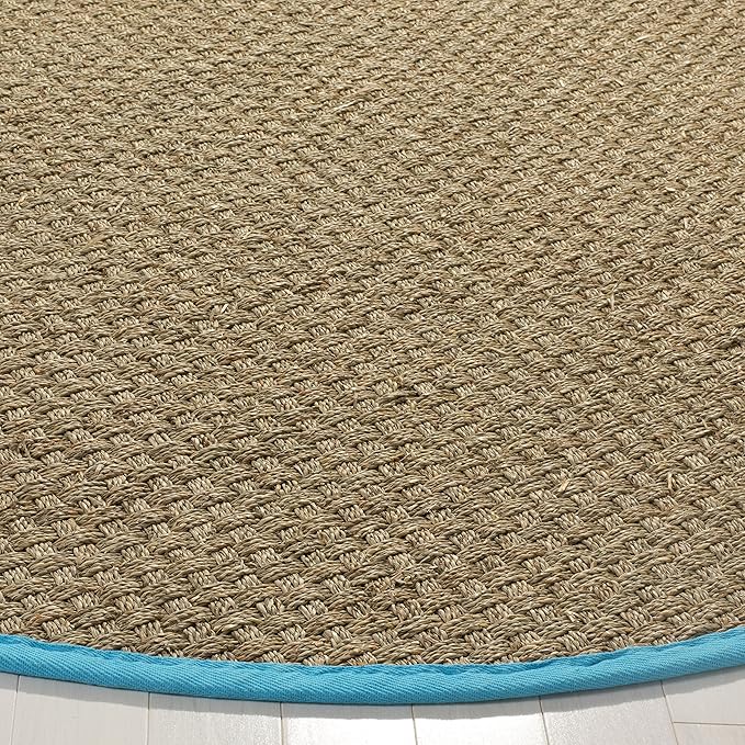 SAFAVIEH Area Rug 6' Round - Natural Fiber Collection - Natural & Turquoise, Seagrass, Basketweave Pattern with Border (NF114S)