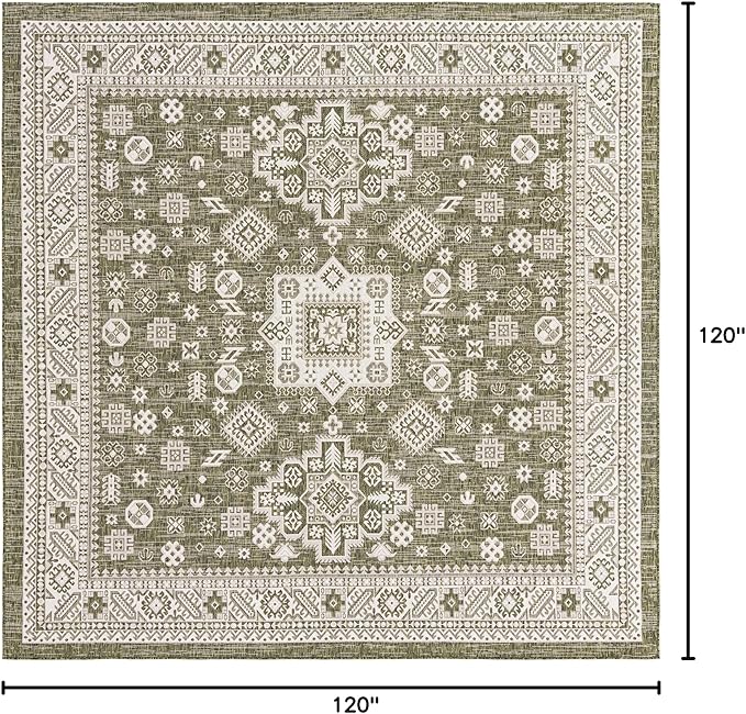 Rugs.com Outdoor Aztec Collection Rug – 10 Ft Square Green Flatweave Rug Perfect for Living Rooms, Kitchens, Entryways