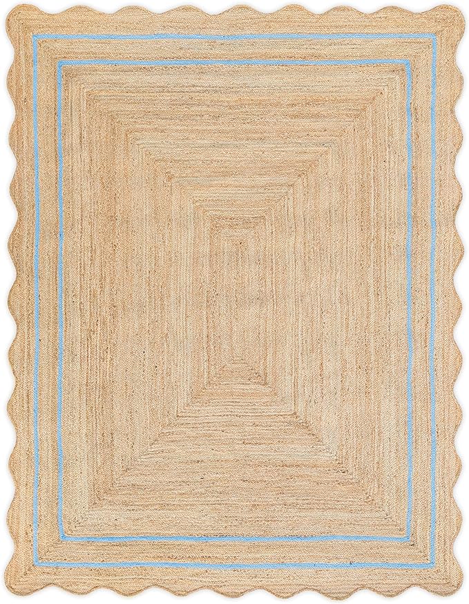 Wave Scalloped Natural Jute Rug - Boho Entryway Runner, Farmhouse Scallop Design, Sky Blue (5'x7')