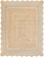 Wave Scalloped Natural Jute Rug - Boho Entryway Runner, Farmhouse Scallop Design, Sky Blue (5'x7')