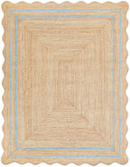 Wave Scalloped Natural Jute Runner, Sky Blue (4'x6'): Boho Jute Entryway Farmhouse Scallop Rug