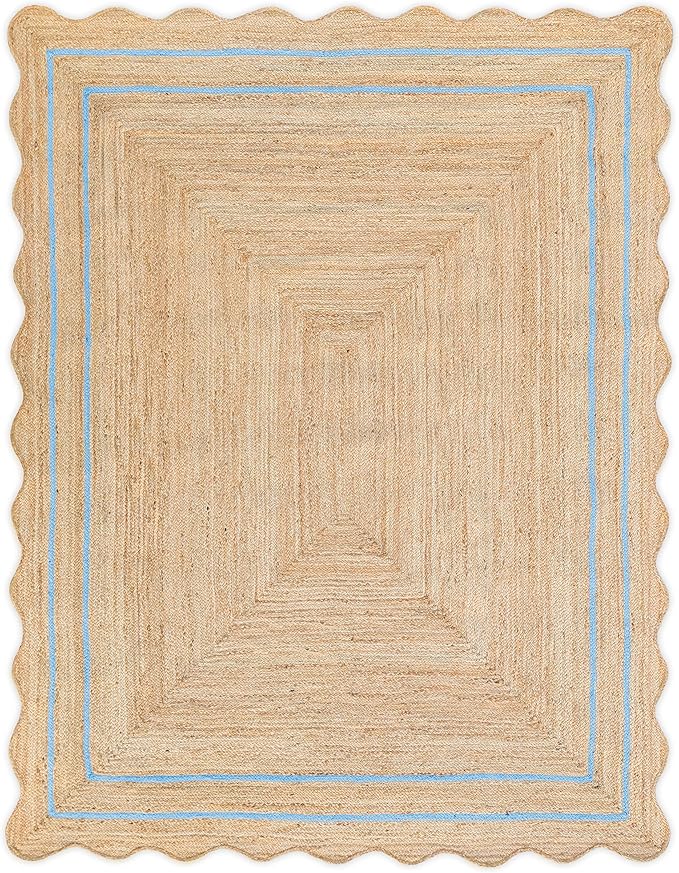 Wave Scalloped Natural Jute Runner, Sky Blue (3'x5')