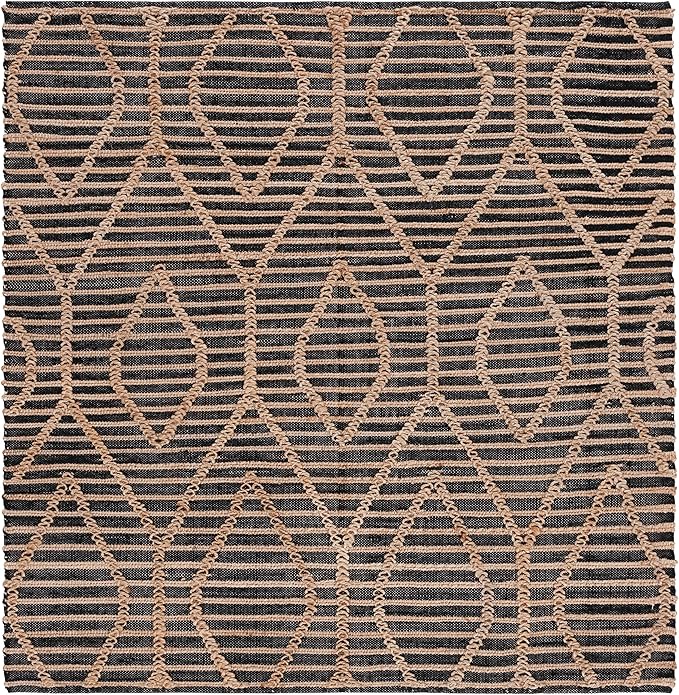 SAFAVIEH Natural Fiber Collection Area Rug - 6' Square, Black & Natural, Flat Weave Farmhouse Geometric Jute Design, Ideal for High Traffic Areas in Living Room, Bedroom (NF378Z)