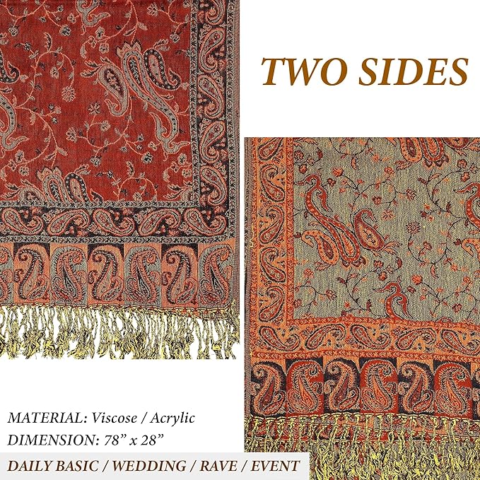 Achillea Reversible Paisley Pashmina Rave Scarf – Exotic Indian Shawls and Wraps for Evening Dresses, Festivals, All Seasons