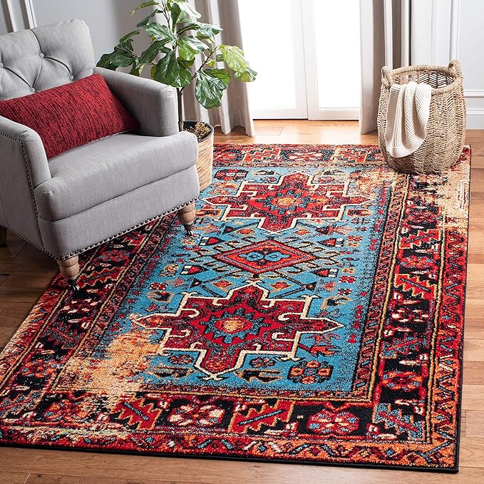 SAFAVIEH Vintage Hamadan Collection Accent Rug - 2'7" x 5', Red & Light Blue, Traditional Persian Design, Non-Shedding & Easy to Clean, Ideal for Front Door, Kitchen, Entryway, Foyer (VTH211Q)