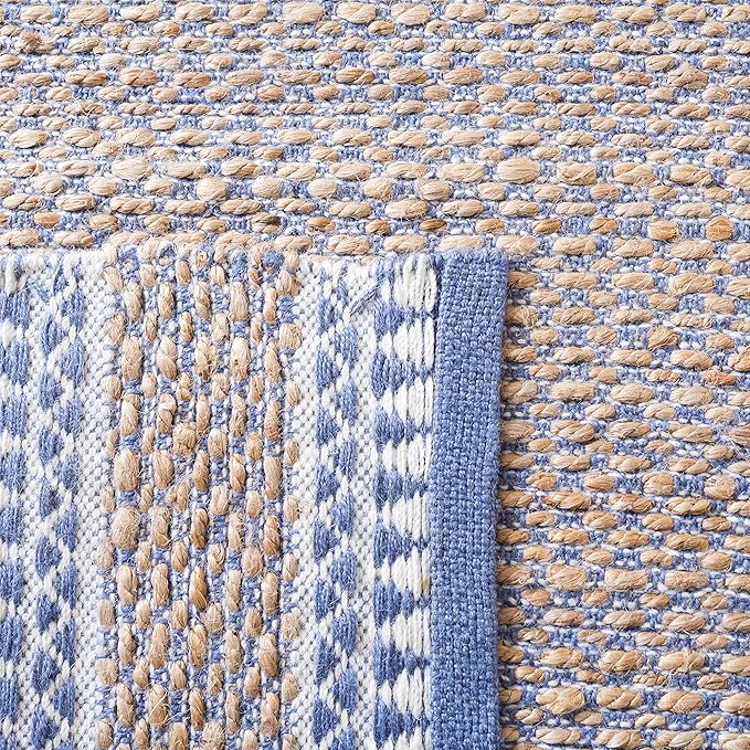 SAFAVIEH Natural Fiber Collection Accent Rug - 4' x 6', Natural & Blue, Handmade Farmhouse Boho Coastal Rustic Jute, Ideal for High Traffic Areas in Entryway, Living Room, Bedroom (NF874M)