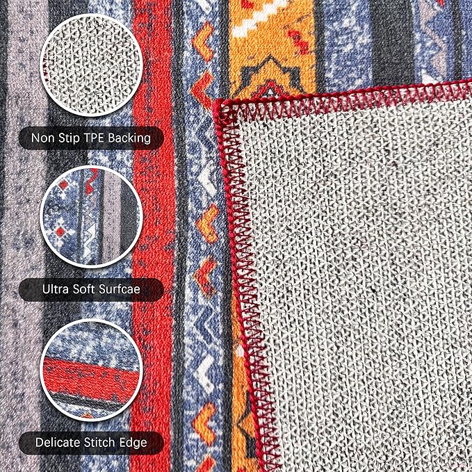 RUGSURE Washable Area Rugs 3' x 5 ' - 1/6 Thick - Moroccan-Inspired -Stain & Water Resistant Non-Slip - Resistant Rug for Living Room, Bedroom, Nursery, Pet & Child Friendly (Blue and Red)