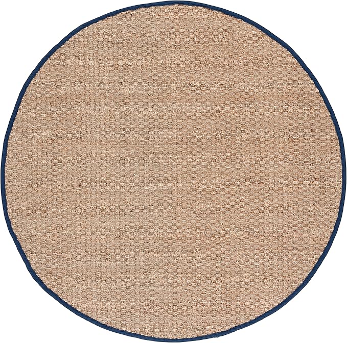 SAFAVIEH Area Rug 8' Round - Natural Fiber Collection - Large - Natural & Blue, Seagrass, Basketweave Pattern with Border (NF114E)