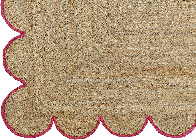 Scalloped Natural Jute Area Rug, Pink Trim, 6'x9'