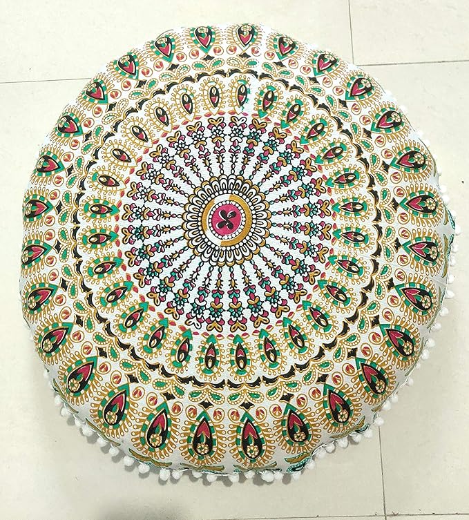 INDIAN CRAFT CASTLE 24" Musturd Peacock Mandala Barmeri Large Floor Pillow Cover Cushion Meditation Seating Ottoman Throw Cover Hippie Decorative Zipped Bohemian Pouf Ottoman Pom Pom Cases 24" Round