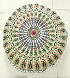INDIAN CRAFT CASTLE 24" Musturd Peacock Mandala Barmeri Large Floor Pillow Cover Cushion Meditation Seating Ottoman Throw Cover Hippie Decorative Zipped Bohemian Pouf Ottoman Pom Pom Cases 24" Round