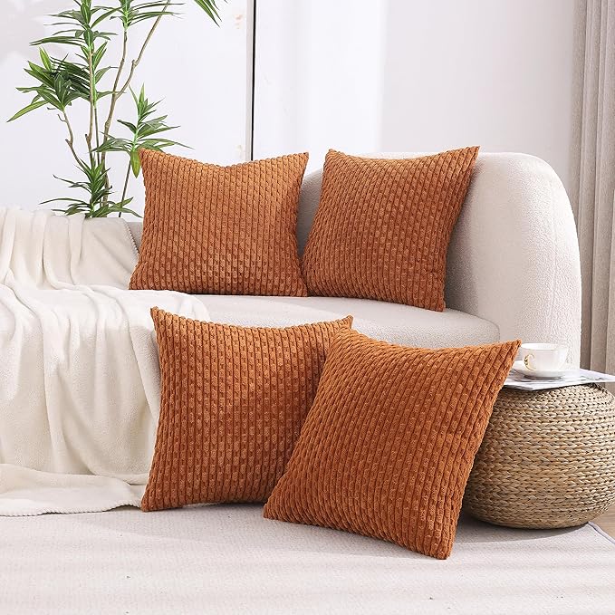VAKADO Fall Throw Pillow Covers 20x20 Decorative Set of 4 Couch Corduroy Rust Boho Rustic Cushion Case Farmhouse Decor Square for Home Living Room Bed Sofa,Terracotta
