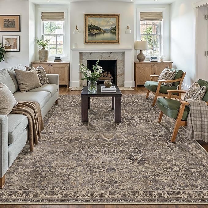 HUGEAR Area Rug 9x12 Retro Brown Machine Washable Living Room Rugs Distressed Vintage Floral Vacuumable Low Pile Carpet Bedroom Office Dining Room Laundry Room Non Slip Soft Lightweight