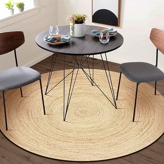Jute Braided Area Rug, Natural - 4 Feet Round, Boho Neutral Rattan Circle Hand Woven Rugs for Living Room, Bedroom, Nursery, Kitchen, Indoor Use | Farmhouse Rustic Patio Floor Mat for Home Décor