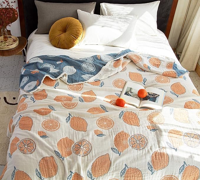 Scientific Sleep Lemon 100% Cotton Muslin Blanket Throw Cover for Bed Couch Sofa Cozy Soft Reversible Bedding Lightweight Warm Bedspread Quilt Coverlet Full Queen F/Q 80 in x 90 in