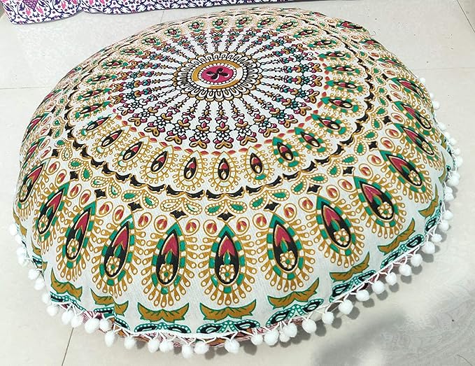 INDIAN CRAFT CASTLE 24" Musturd Peacock Mandala Barmeri Large Floor Pillow Cover Cushion Meditation Seating Ottoman Throw Cover Hippie Decorative Zipped Bohemian Pouf Ottoman Pom Pom Cases 24" Round