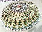 INDIAN CRAFT CASTLE 24" Musturd Peacock Mandala Barmeri Large Floor Pillow Cover Cushion Meditation Seating Ottoman Throw Cover Hippie Decorative Zipped Bohemian Pouf Ottoman Pom Pom Cases 24" Round