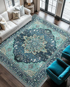 Area Rugs 6'x9' Washable Non-Slip, Floral Vintage Distress Print Pattern Medallion Carpet for Living Room Bedroom Dining Room, Teal Green Lake Blue Turquoise