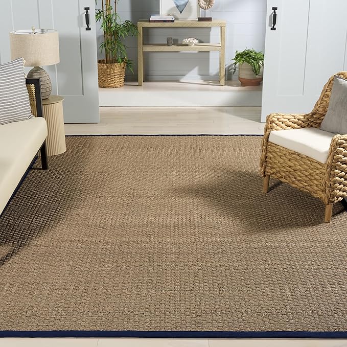 SAFAVIEH Area Rug 10x14 - Natural Fiber Collection - Large - Natural & Blue, Seagrass, Basketweave Pattern with Border (NF114E)