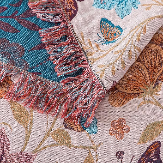 Boho Throw Blanket Throw Size, Soft Cozy Cotton Muslin Quilt Blanket for Bed Decor, Floral Patterned Couch Sofa Chair Cover, Vintage Farmhouse Cottage Tapestry Woven Blanket, Coral&Green
