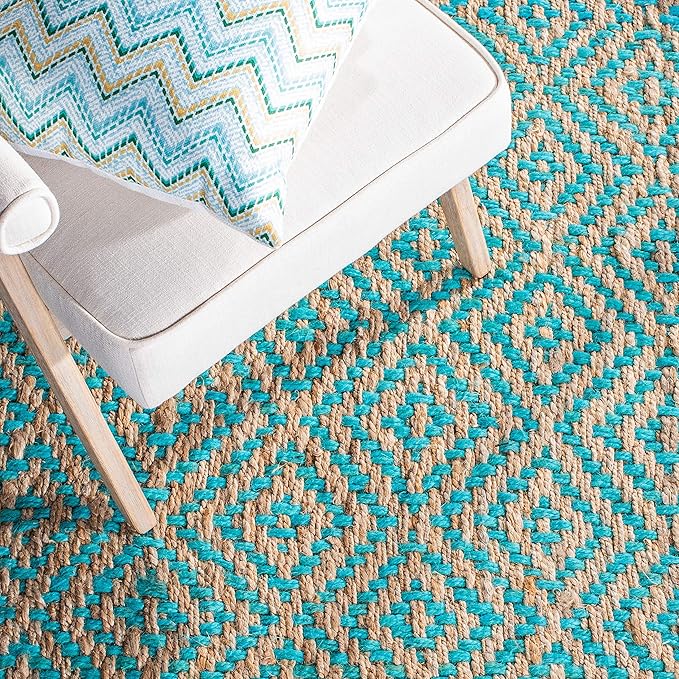 SAFAVIEH Area Rug 8x10 - Natural Fiber Collection - Large - Turquoise & Natural, Handmade Jute, Boho Style, Diamond Pattern, Ideal for Living Room, Bedroom, Dining Space (NF266C)