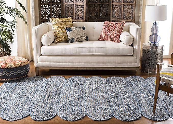 SAFAVIEH Cape Cod Collection Accent Rug - 3' x 5', Blue & Natural, Handmade Braided Jute & Cotton, Ideal for High Traffic Areas in Entryway, Living Room, Bedroom (CAP208L)