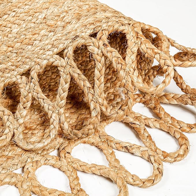 Hand Woven Braided Jute Rug - 4' Round - Reversible Farmhouse Dining Room Rug, Living Room, Bedroom, Kitchen - Natural Decorative Floor Circle Boho Entry Area Rugs - 4 Foot Round Rug