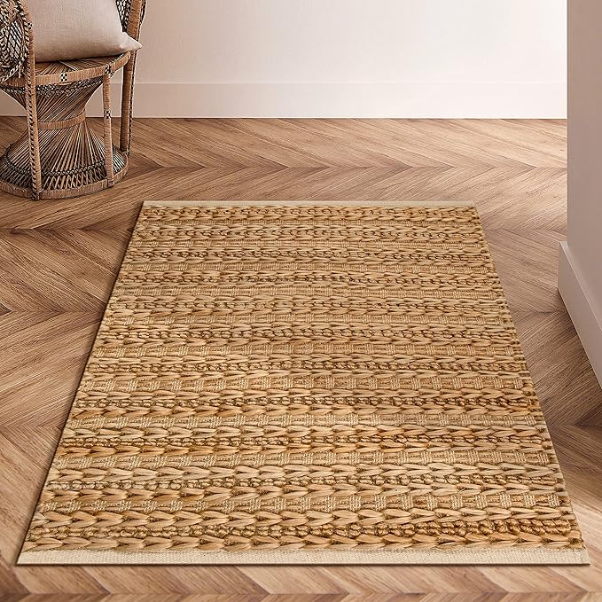 Jute Patsan Hand Woven Area Rug 2x3 Feet - Natural, Soft Decorative Stripe Design Accent Floor Rugs Ideal for Entryway, Kitchen, Nursary | Small Farmhouse Rustic Boho Beige Patio Mat for Bedroom